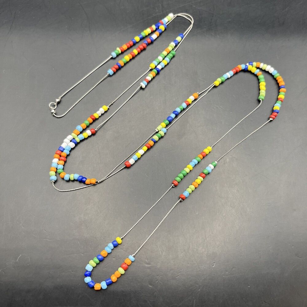 Long Multicolor Seed Bead Station Necklace Gold Tone Colorful Beaded 60 Inch